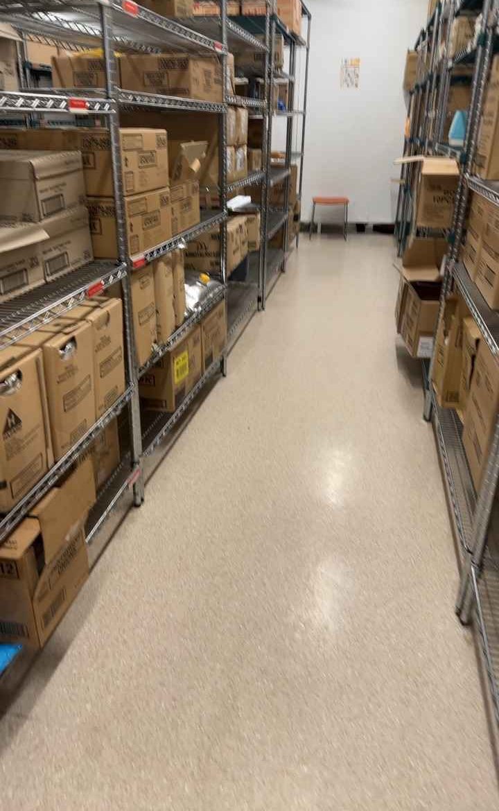 Clean, polished commercial storeroom floor
